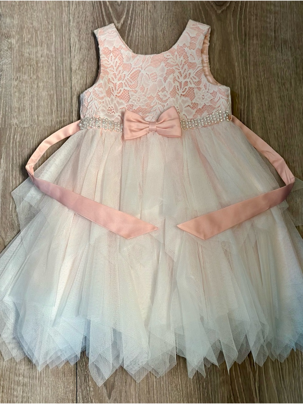 American Princess Pink Lace & Tulle Party Dress with Bow and Pearl Waist